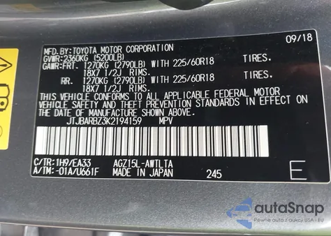 2019 Lexus Nx 300 из США, поврежденный, VIN JTJBARBZ3K2194159